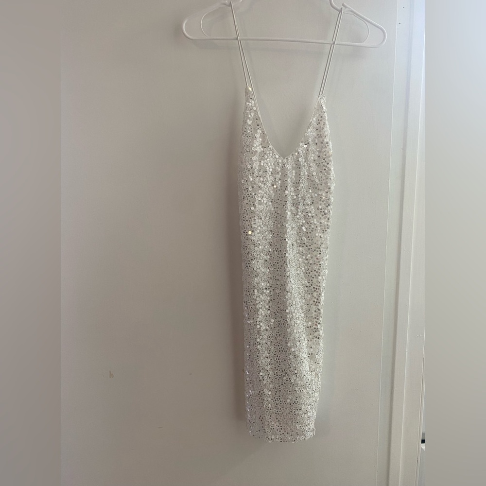 Lulu's White Sequin Slip Dress Sleeveless V-Neck